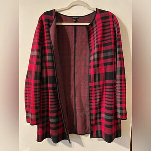 Talbots Long Open Cardigan Sweater Red Black Gray Tartan Plaid Size Medi…